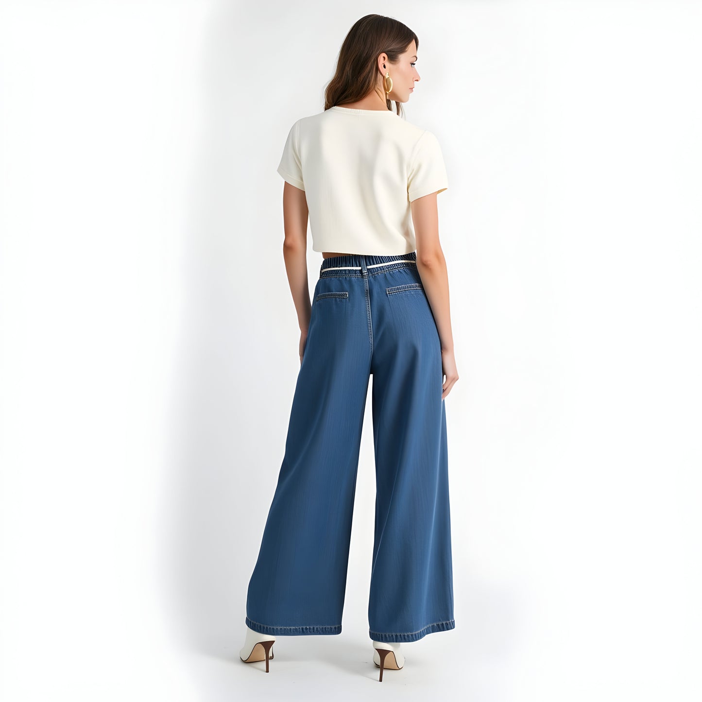 Wide Leg Denim Pants with Tassel Drawstring Waist and Pleat Detail