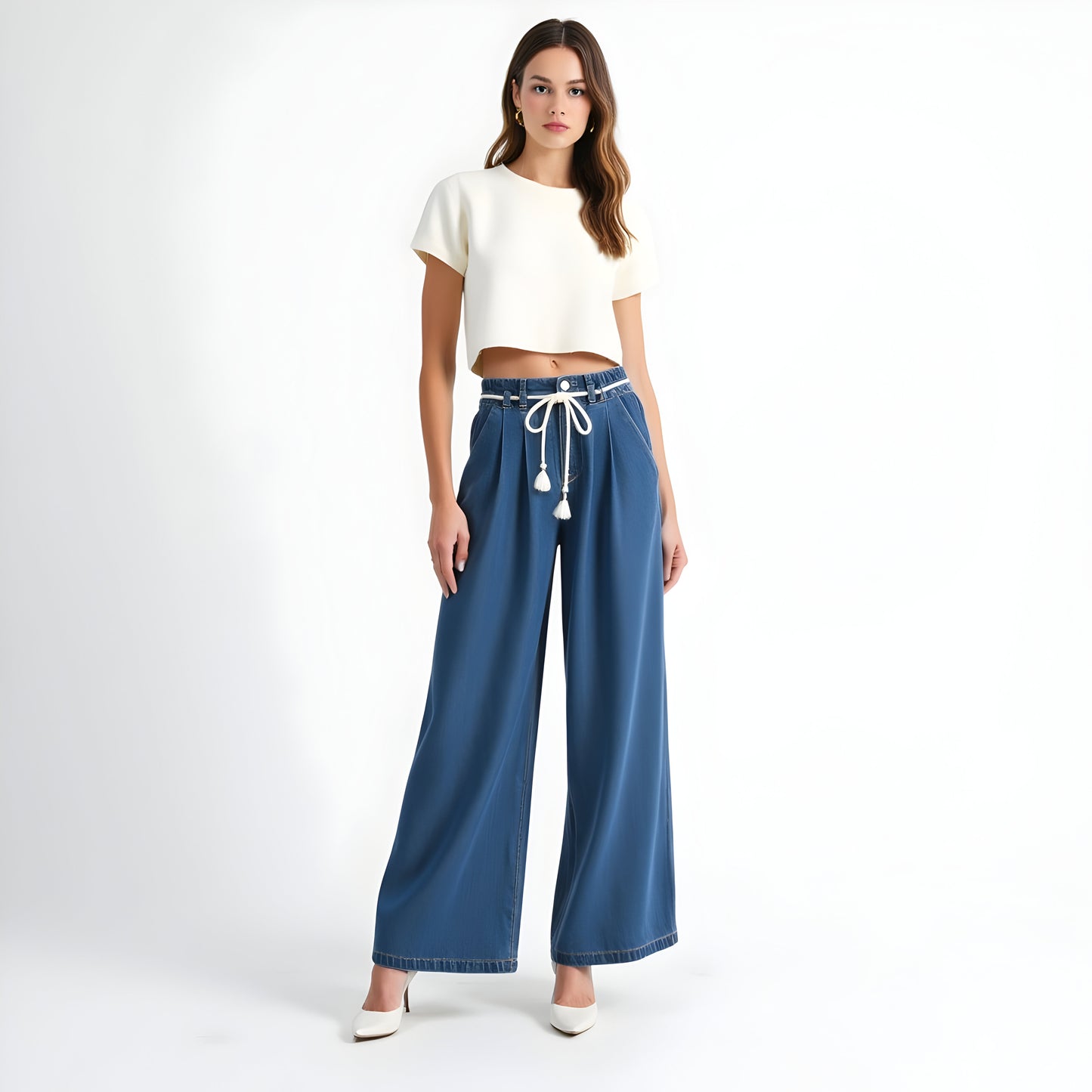 Wide Leg Denim Pants with Tassel Drawstring Waist and Pleat Detail