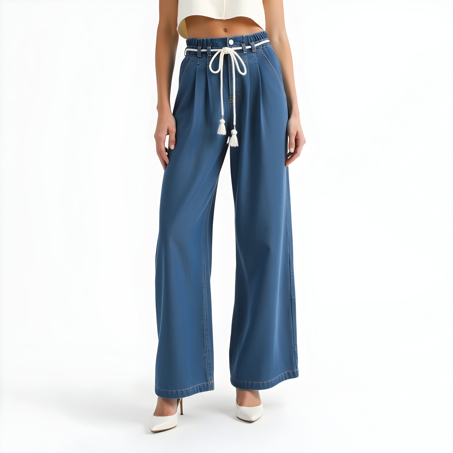 Wide Leg Denim Pants with Tassel Drawstring Waist and Pleat Detail