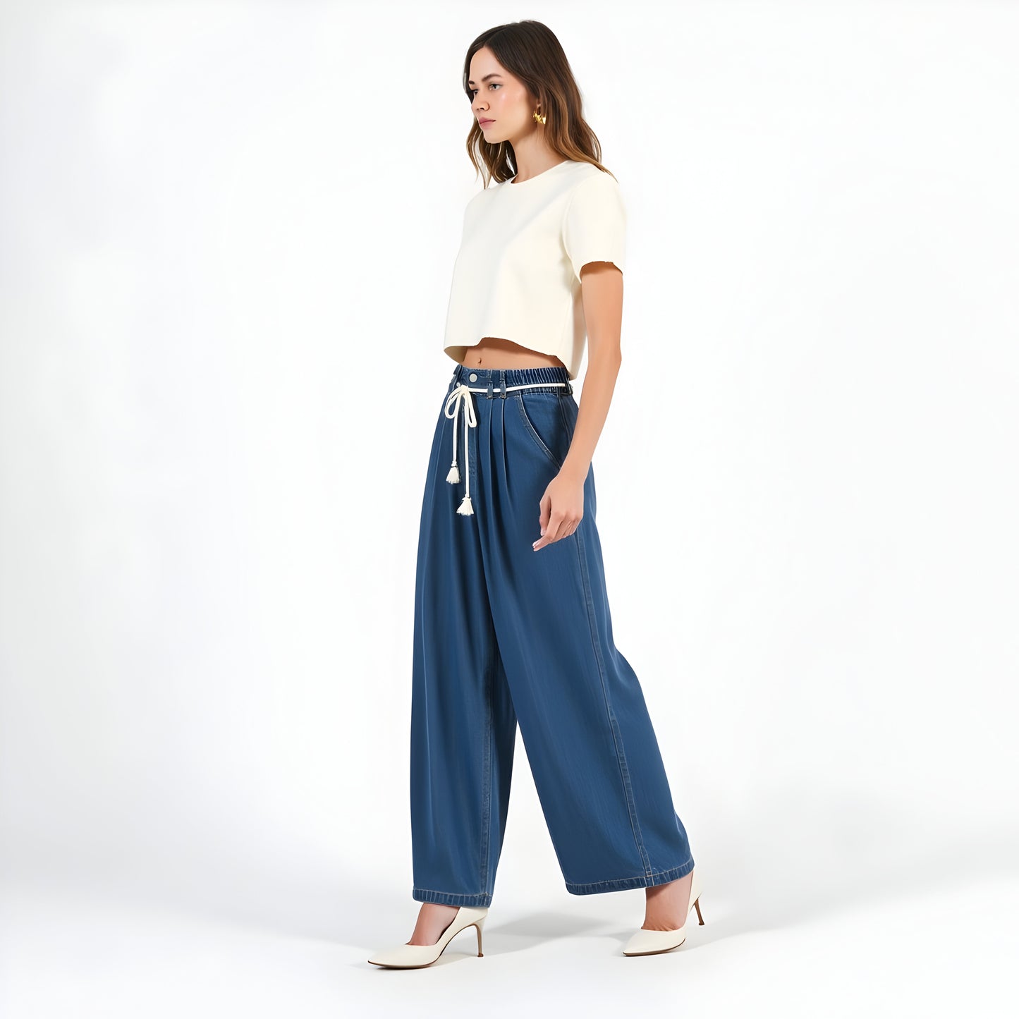 Wide Leg Denim Pants with Tassel Drawstring Waist and Pleat Detail