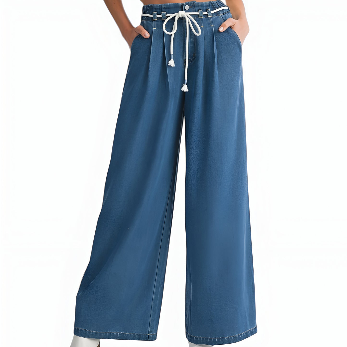 Wide Leg Denim Pants with Tassel Drawstring Waist and Pleat Detail