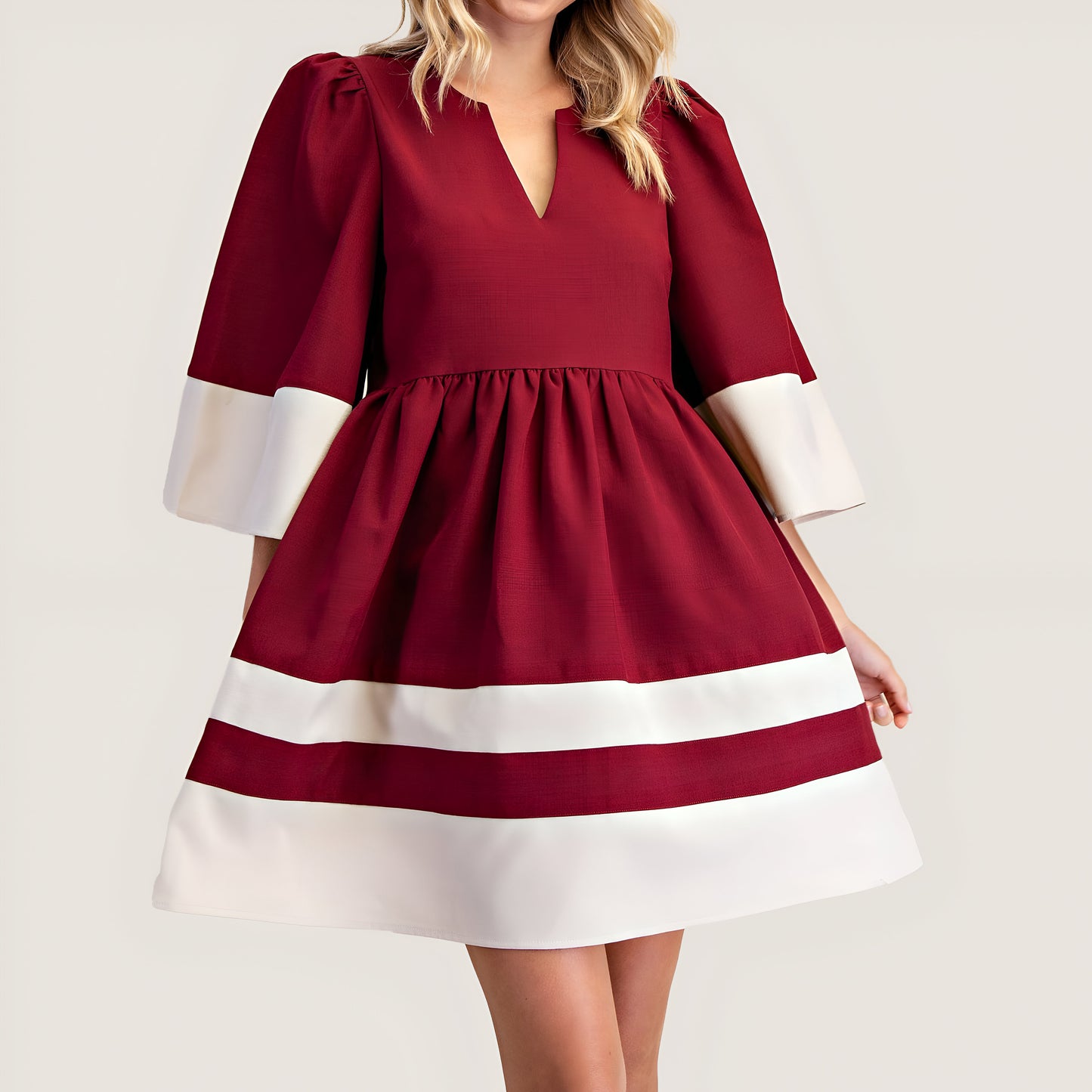 Fit and Flare Mini Dress with Contrast Cuff, Hemline and Notch Neck