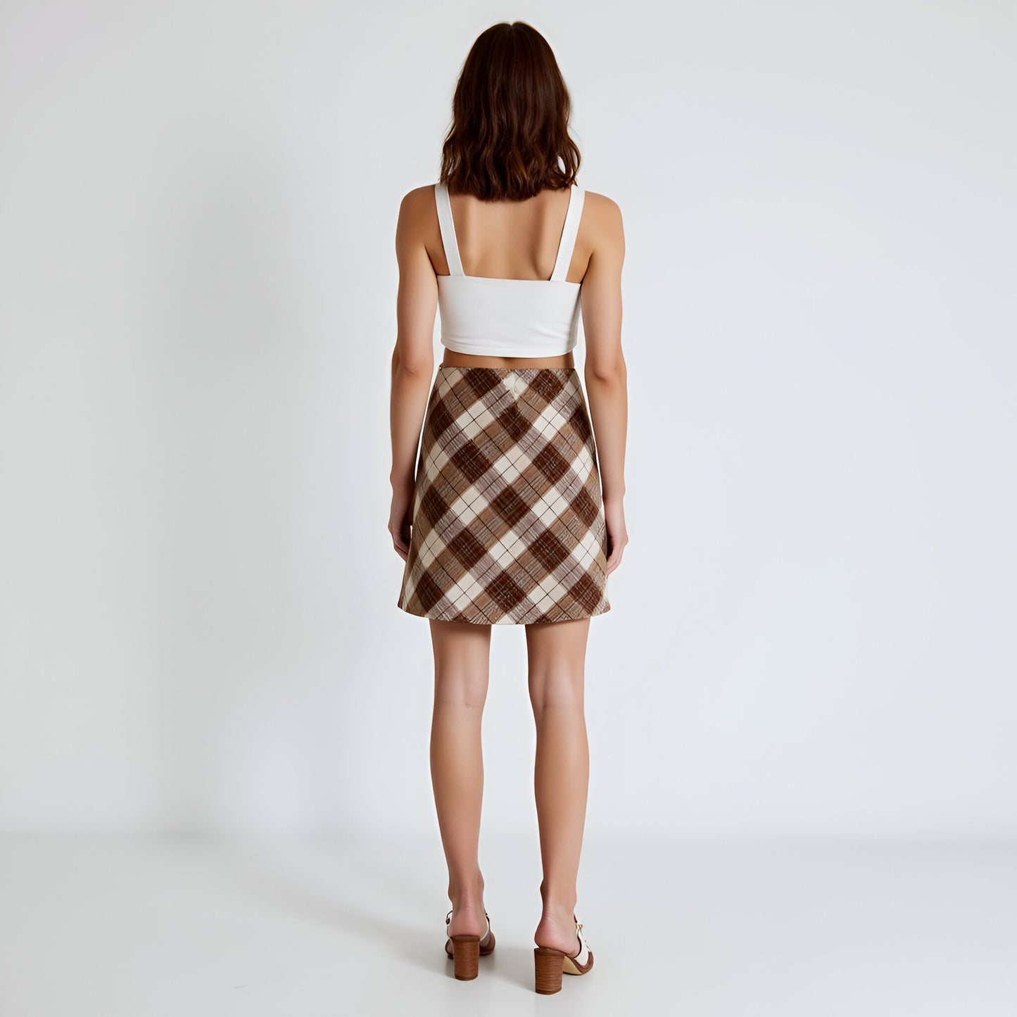 Plaid A-Line Mini Skirt with Front Seam Detail and Neutral Tones