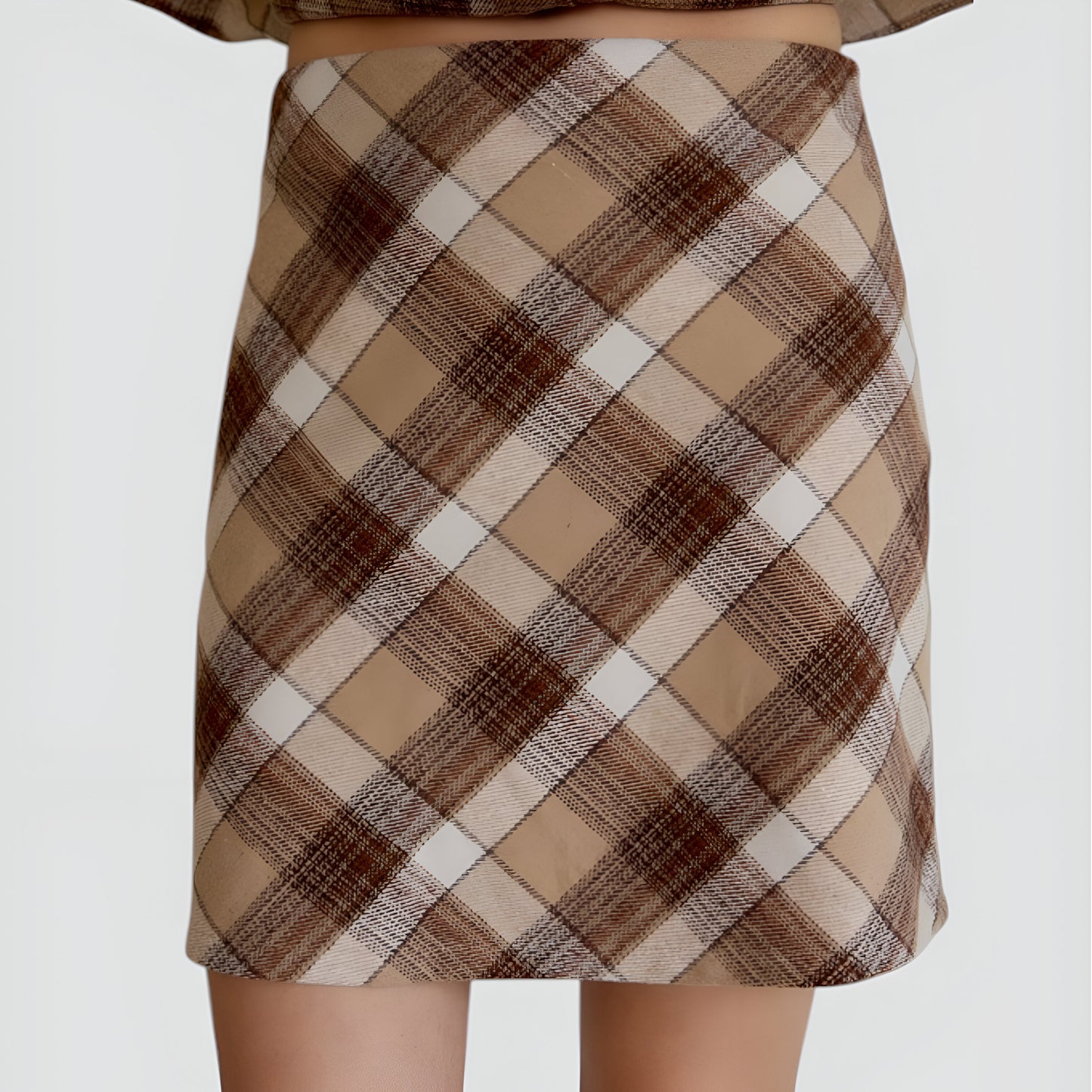 Plaid A-Line Mini Skirt with Front Seam Detail and Neutral Tones