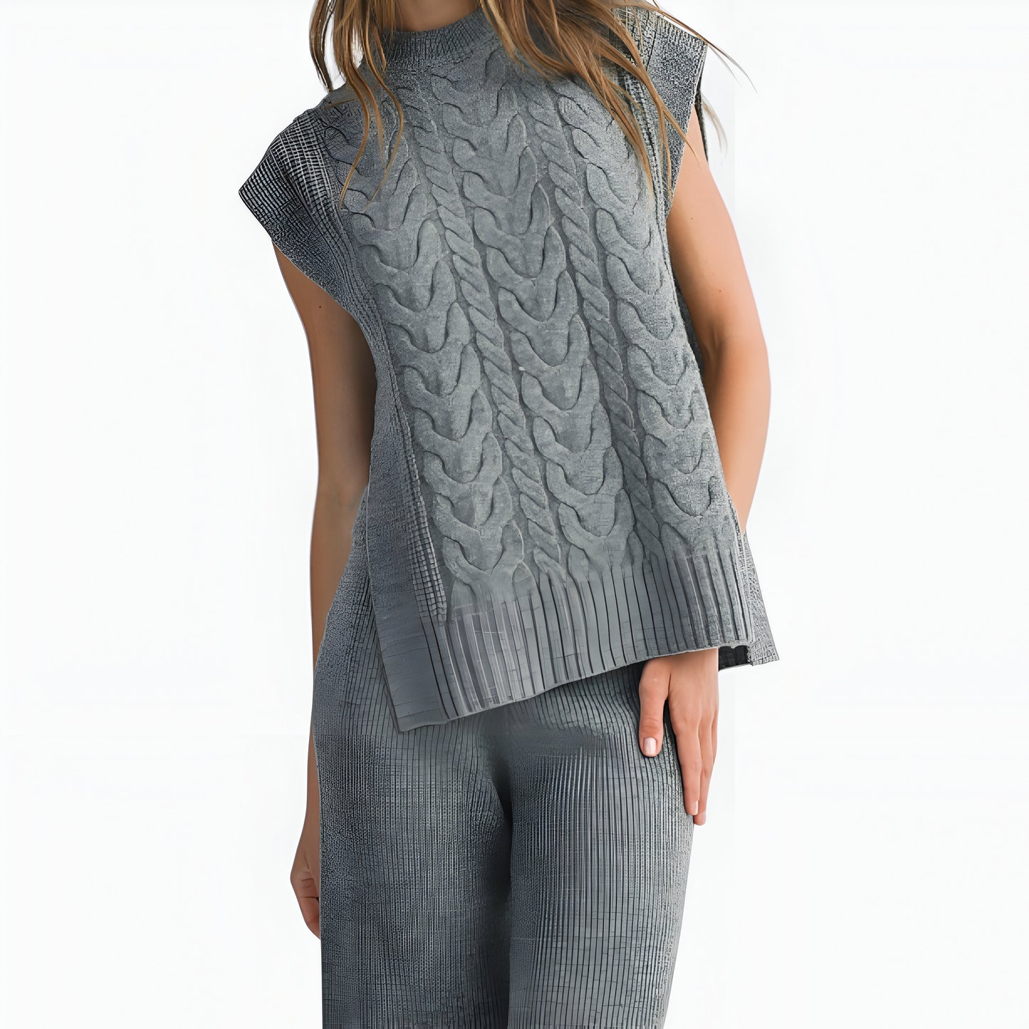 Cable Knit Cap Sleeve Sweater Vest and Wide-Leg Pants Set