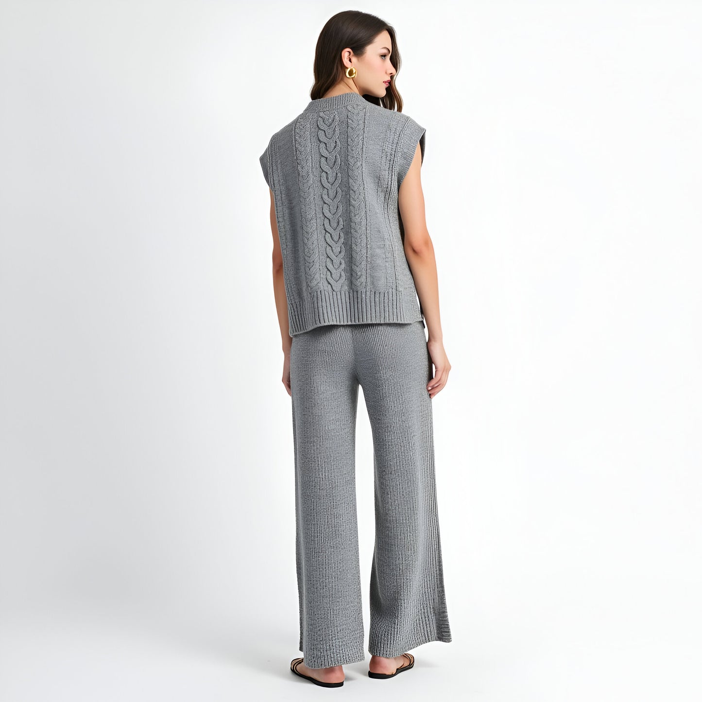 Cable Knit Cap Sleeve Sweater Vest and Wide-Leg Pants Set