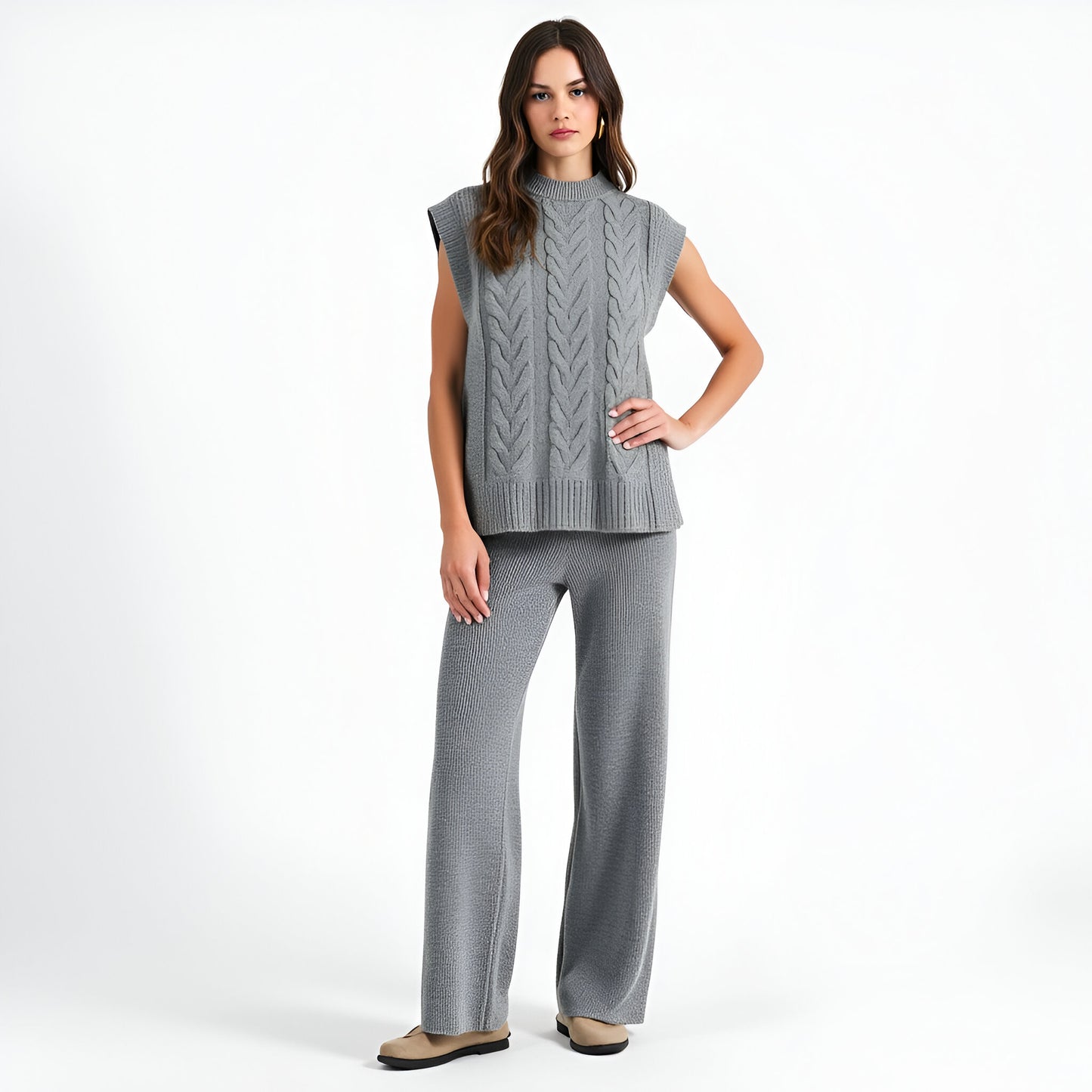 Cable Knit Cap Sleeve Sweater Vest and Wide-Leg Pants Set