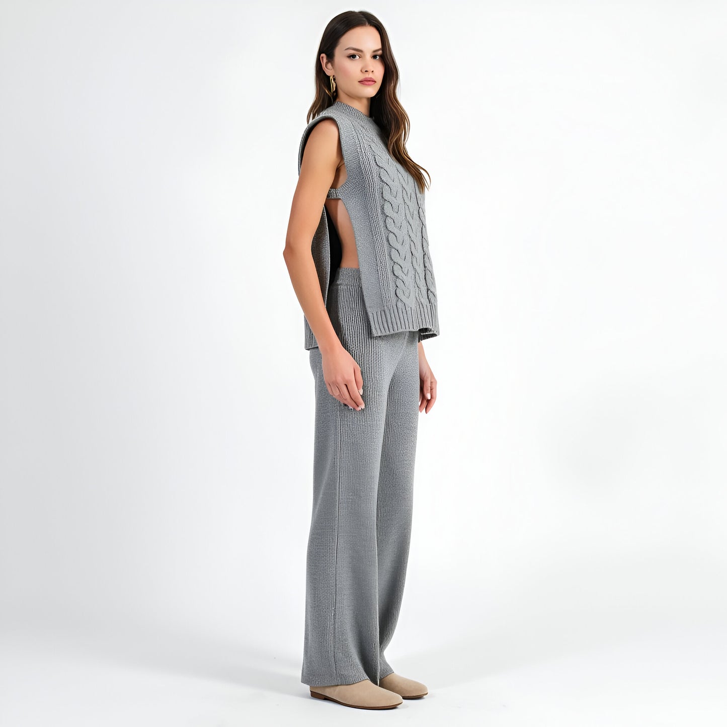 Cable Knit Cap Sleeve Sweater Vest and Wide-Leg Pants Set