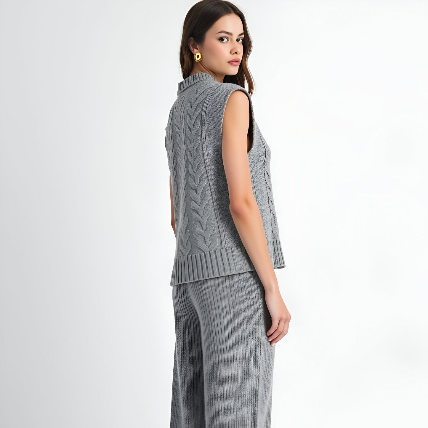 Cable Knit Cap Sleeve Sweater Vest and Wide-Leg Pants Set