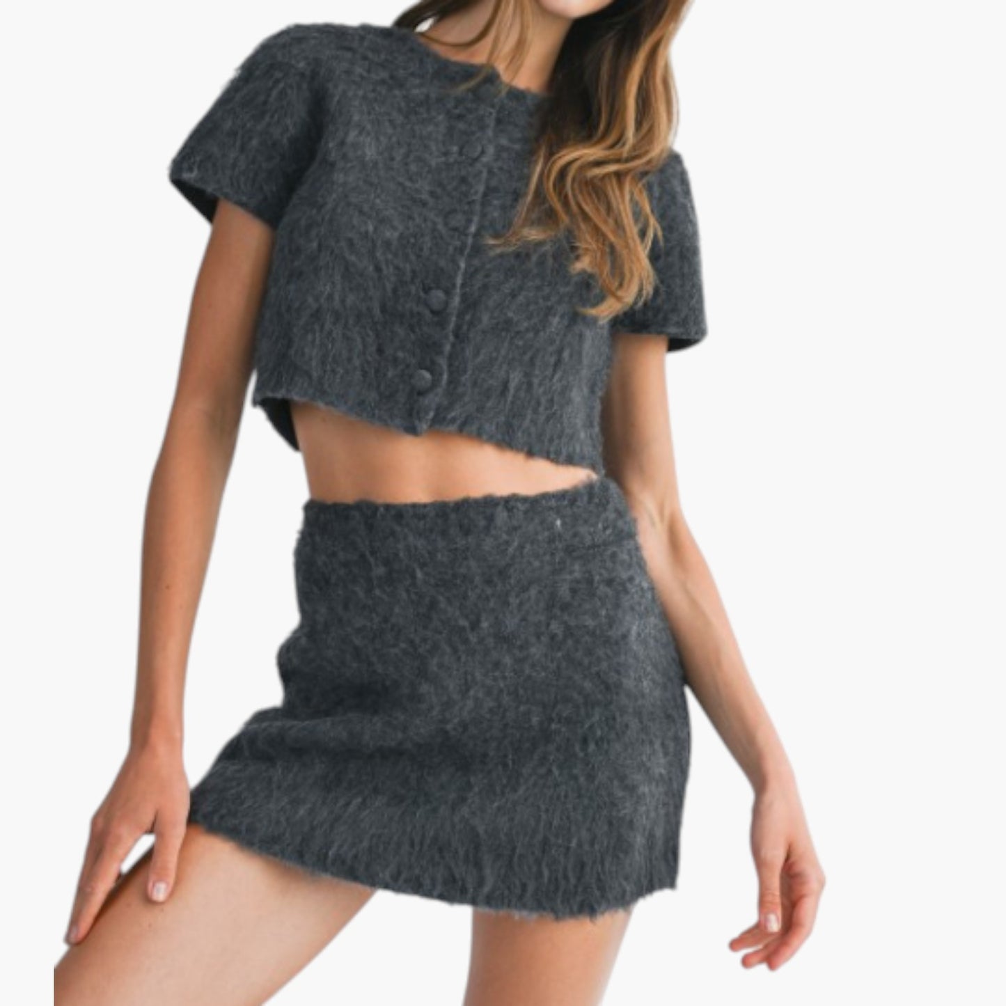 Fuzzy Knit Crop Top and Mini Skirt Set with Button Front Detail