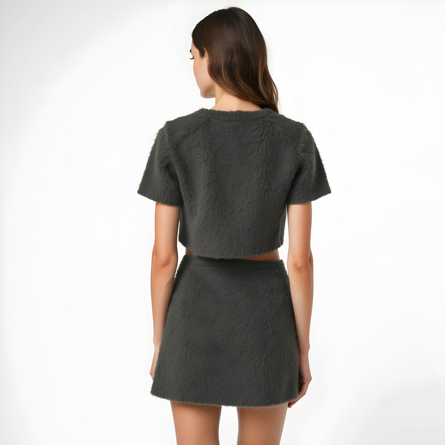 Fuzzy Knit Crop Top and Mini Skirt Set with Button Front Detail