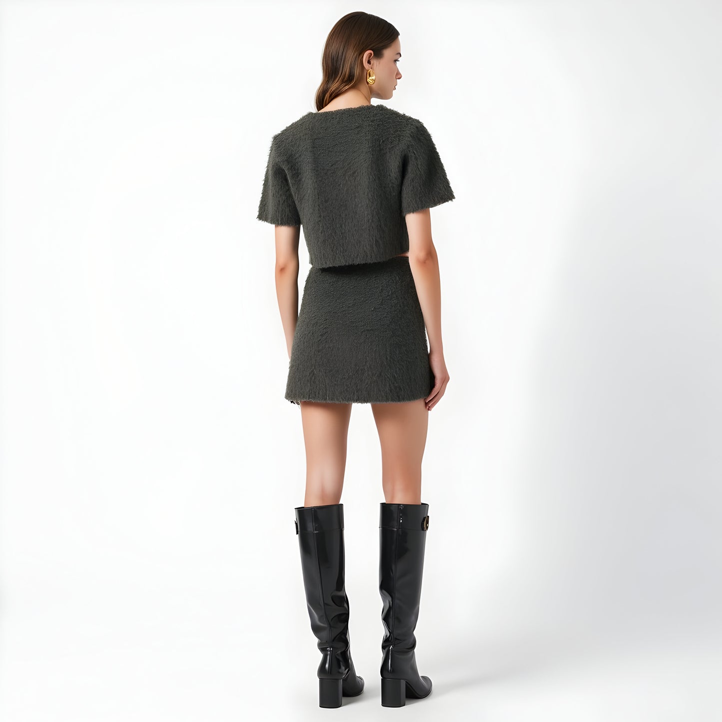 Fuzzy Knit Crop Top and Mini Skirt Set with Button Front Detail