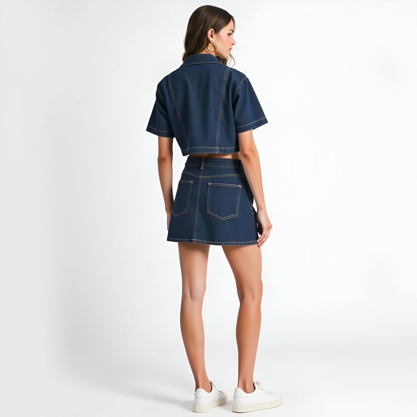 Denim Crop Shirt and Wrap Mini Skort Set with Front Patch Pockets