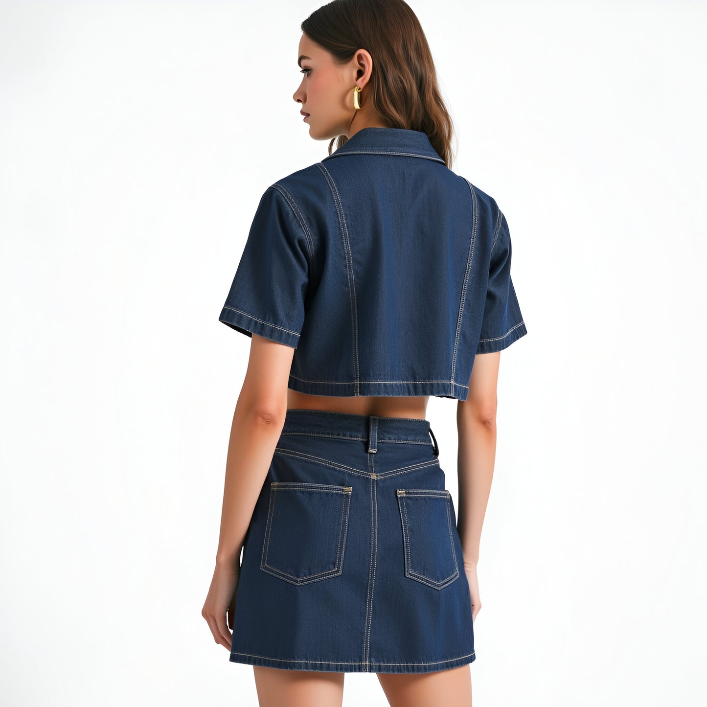 Denim Crop Shirt and Wrap Mini Skort Set with Front Patch Pockets