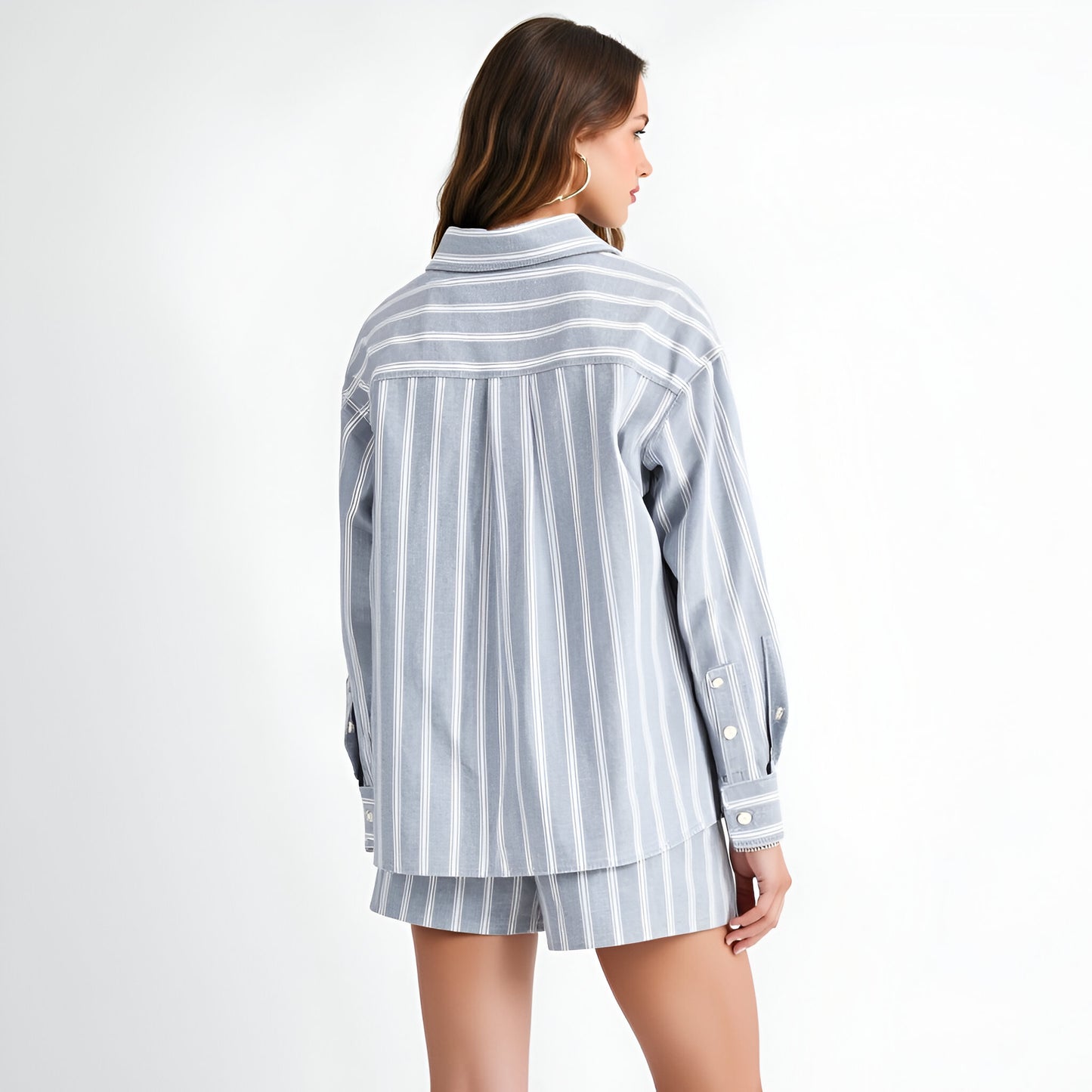 Striped Button-Up Shirt and High-Waist Shorts Set with Relaxed Fit
