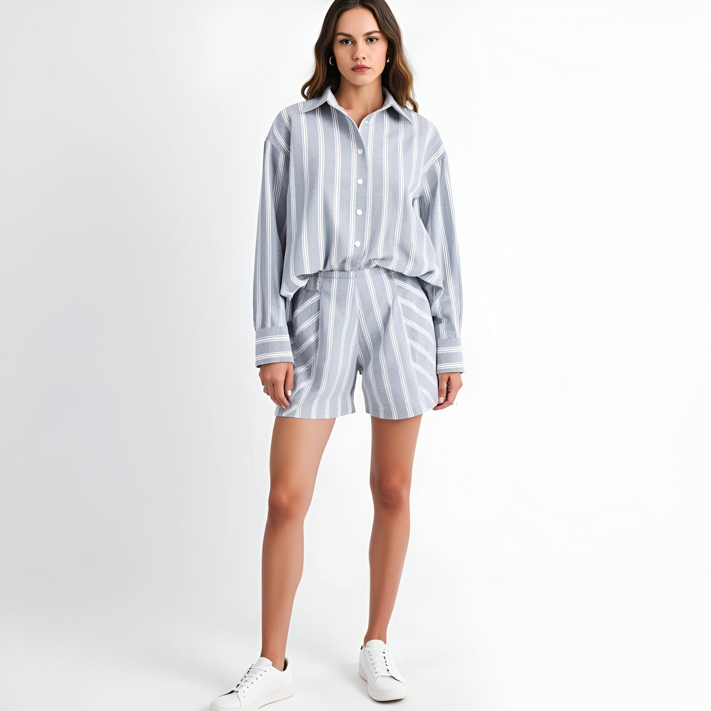 Striped Button-Up Shirt and High-Waist Shorts Set with Relaxed Fit