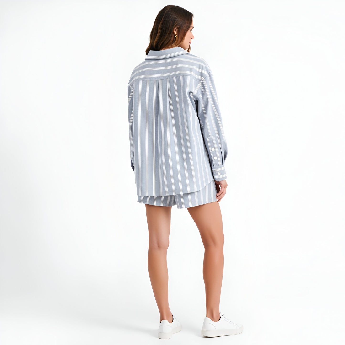 Striped Button-Up Shirt and High-Waist Shorts Set with Relaxed Fit