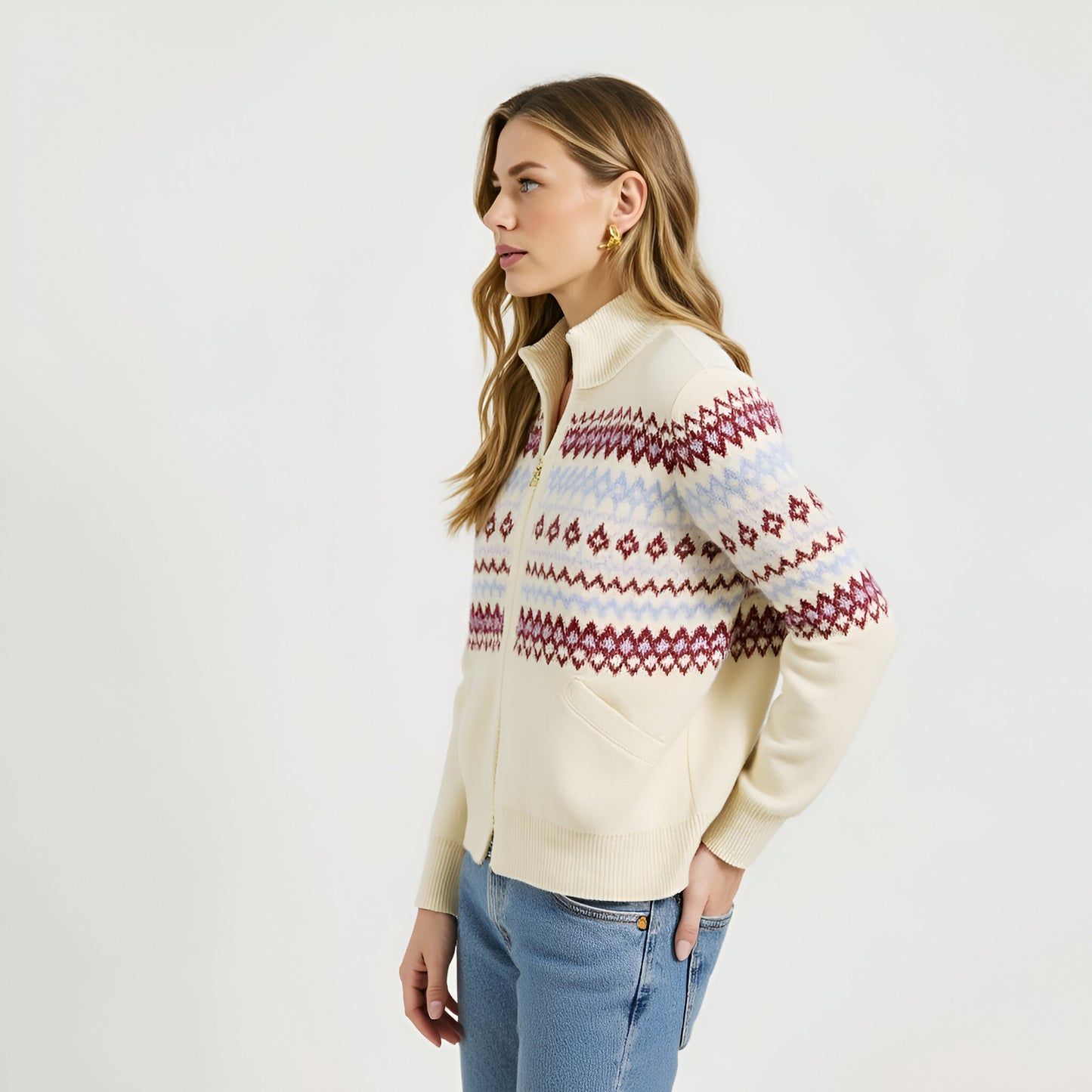 Fair Isle Zip Cardigan with Ribbed Trim and Front Patch Pocket