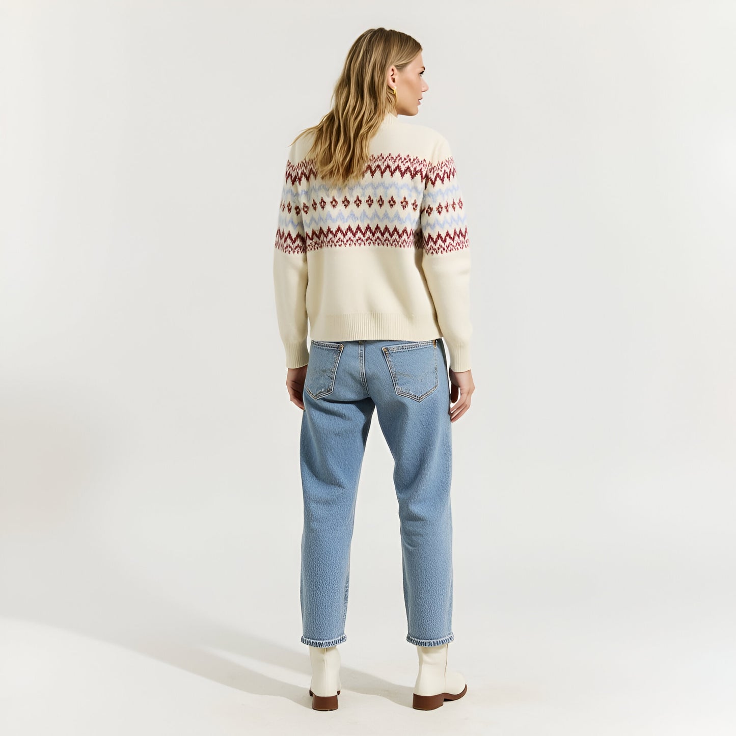 Fair Isle Zip Cardigan with Ribbed Trim and Front Patch Pocket