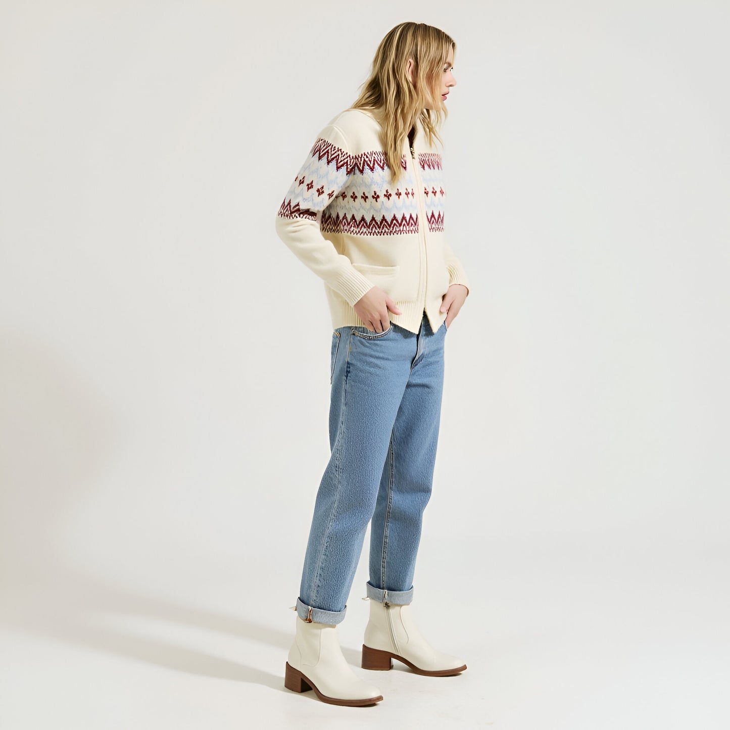 Fair Isle Zip Cardigan with Ribbed Trim and Front Patch Pocket