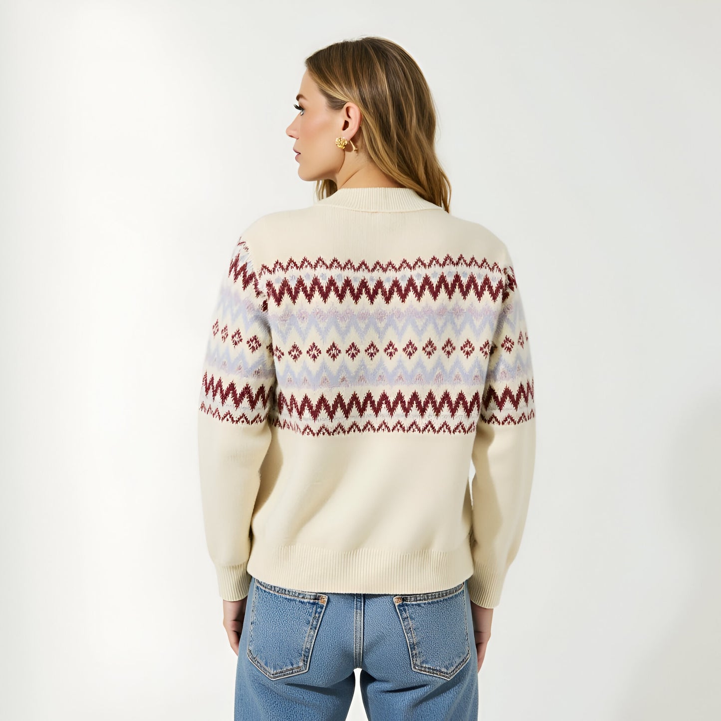 Fair Isle Zip Cardigan with Ribbed Trim and Front Patch Pocket
