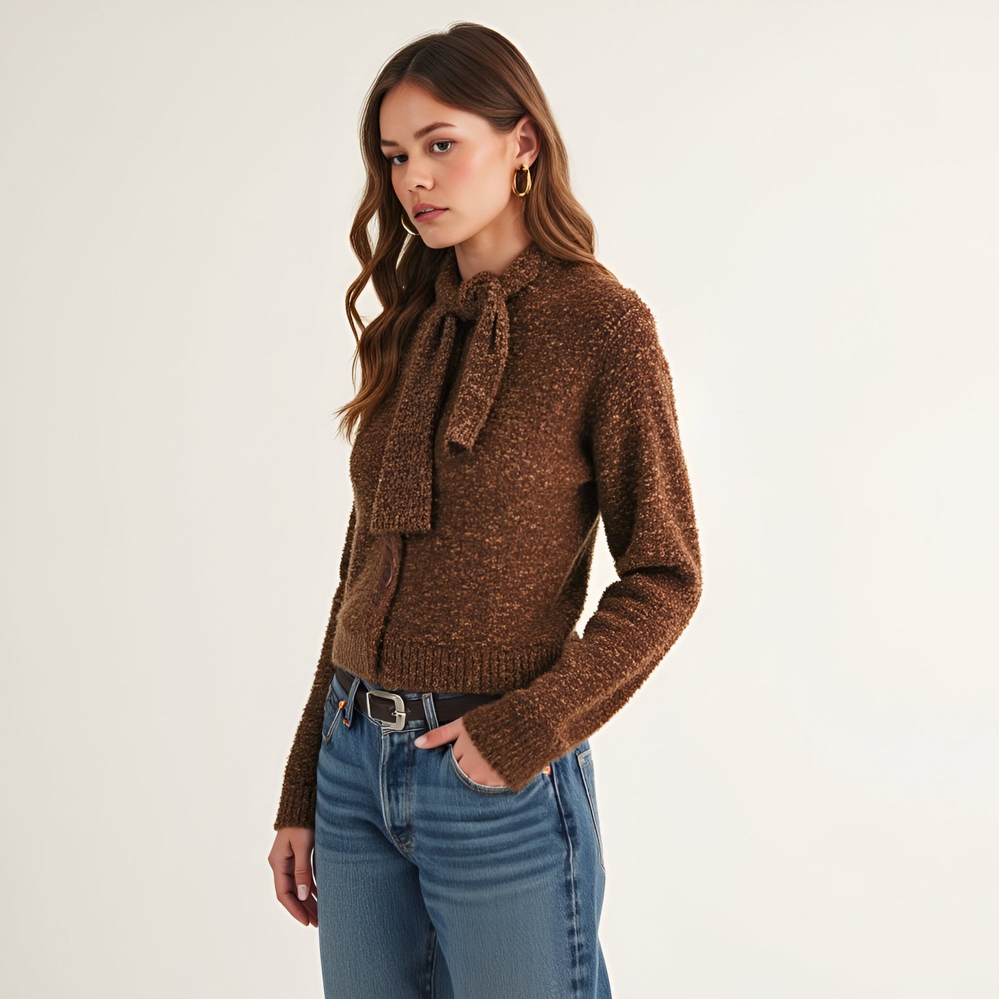 Textured Knit Button-Up Cardigan with Tie Neck Detail