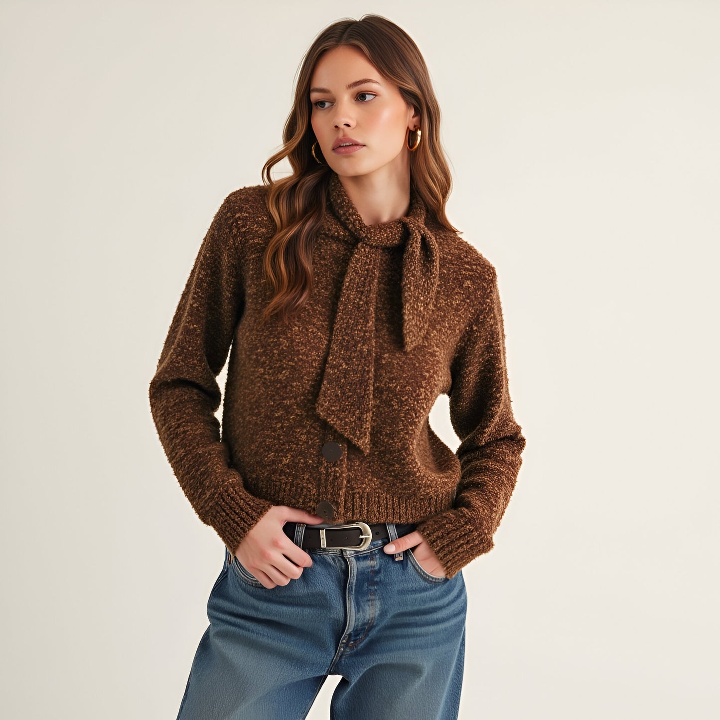 Textured Knit Button-Up Cardigan with Tie Neck Detail