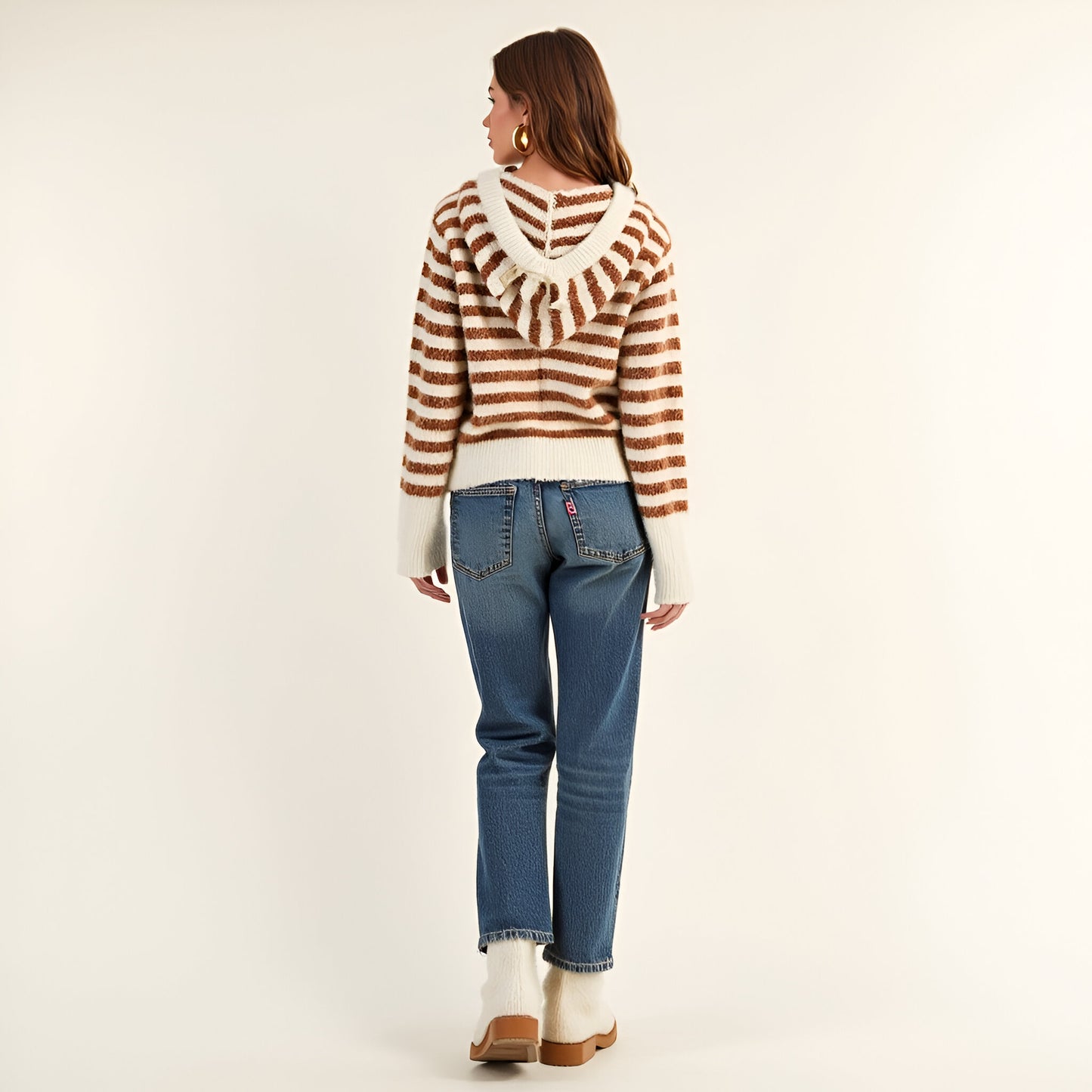 Striped Button-Up Cardigan Hoodie with Ribbon Tie and Ribbed Hem