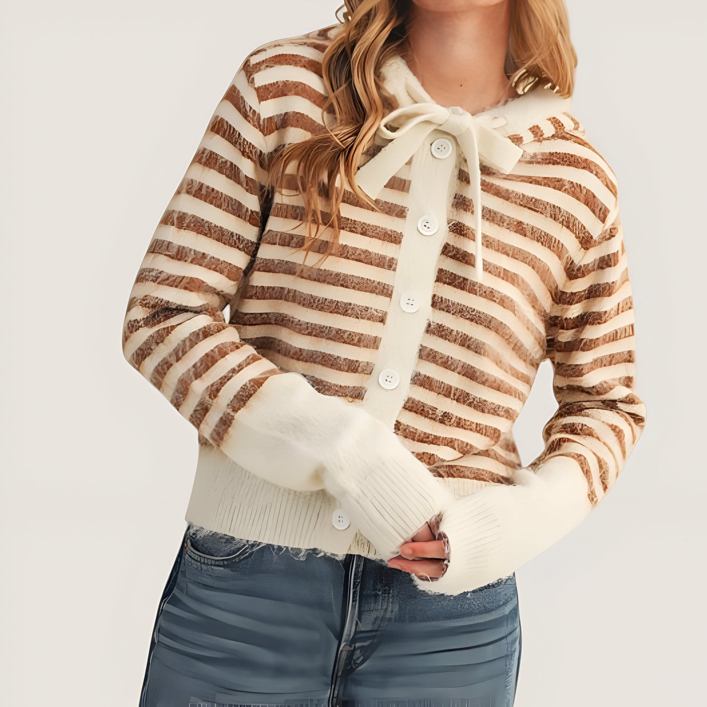 Striped Button-Up Cardigan Hoodie with Ribbon Tie and Ribbed Hem
