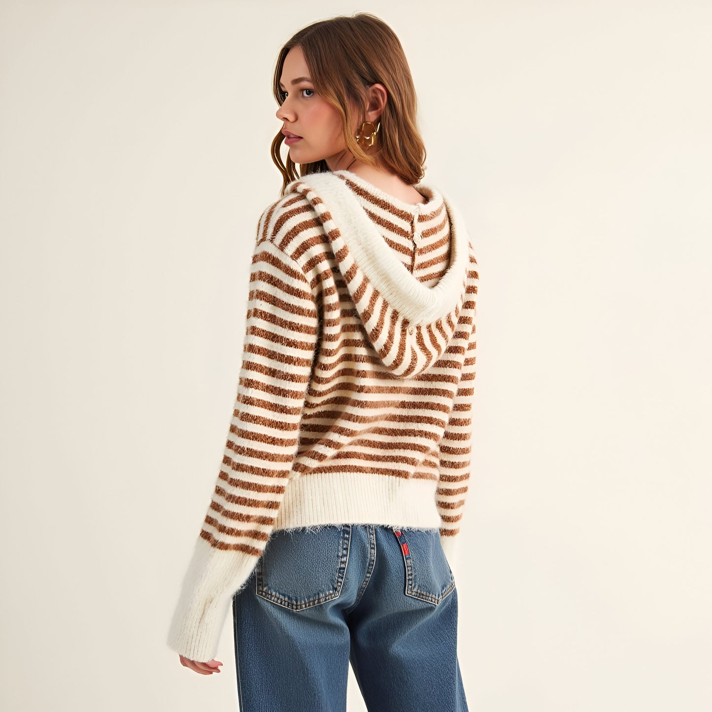 Striped Button-Up Cardigan Hoodie with Ribbon Tie and Ribbed Hem