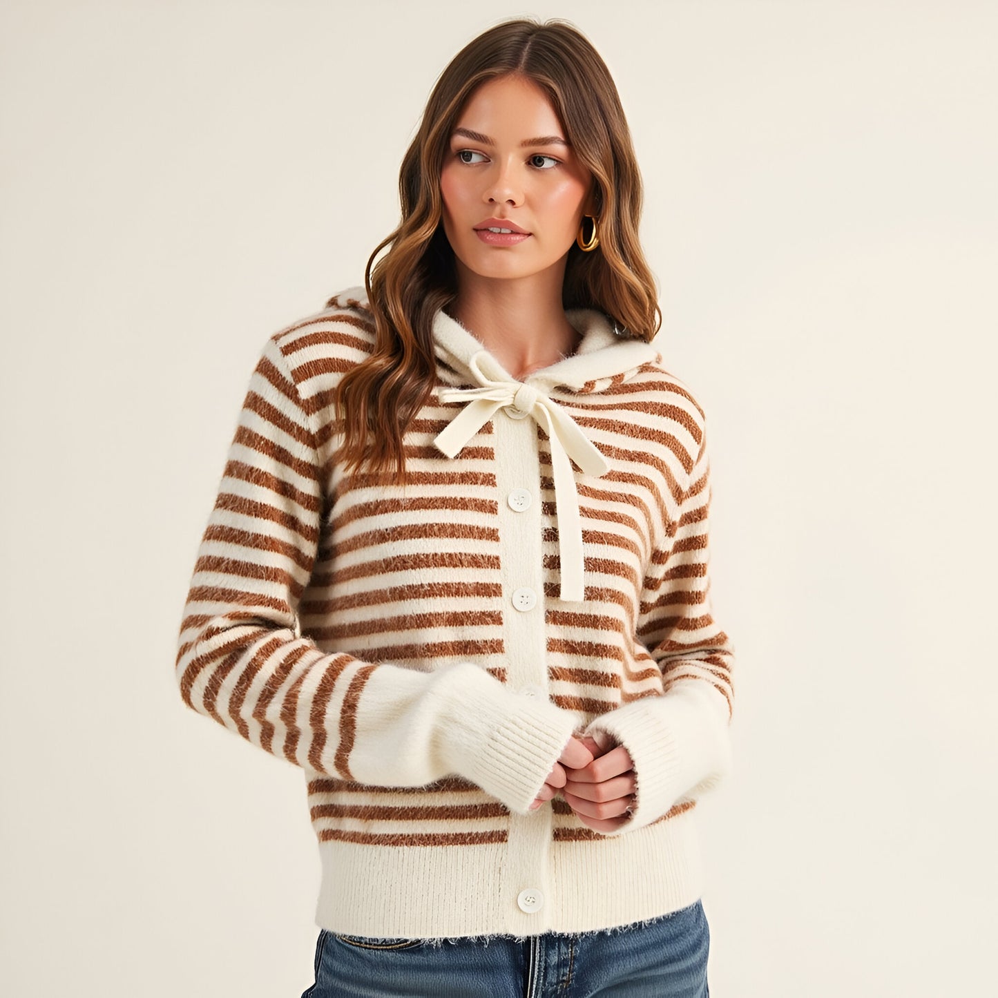 Striped Button-Up Cardigan Hoodie with Ribbon Tie and Ribbed Hem