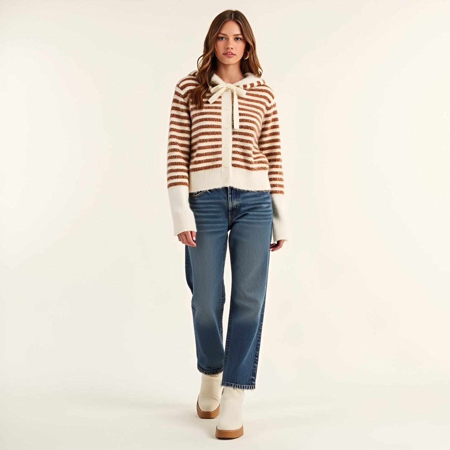 Striped Button-Up Cardigan Hoodie with Ribbon Tie and Ribbed Hem