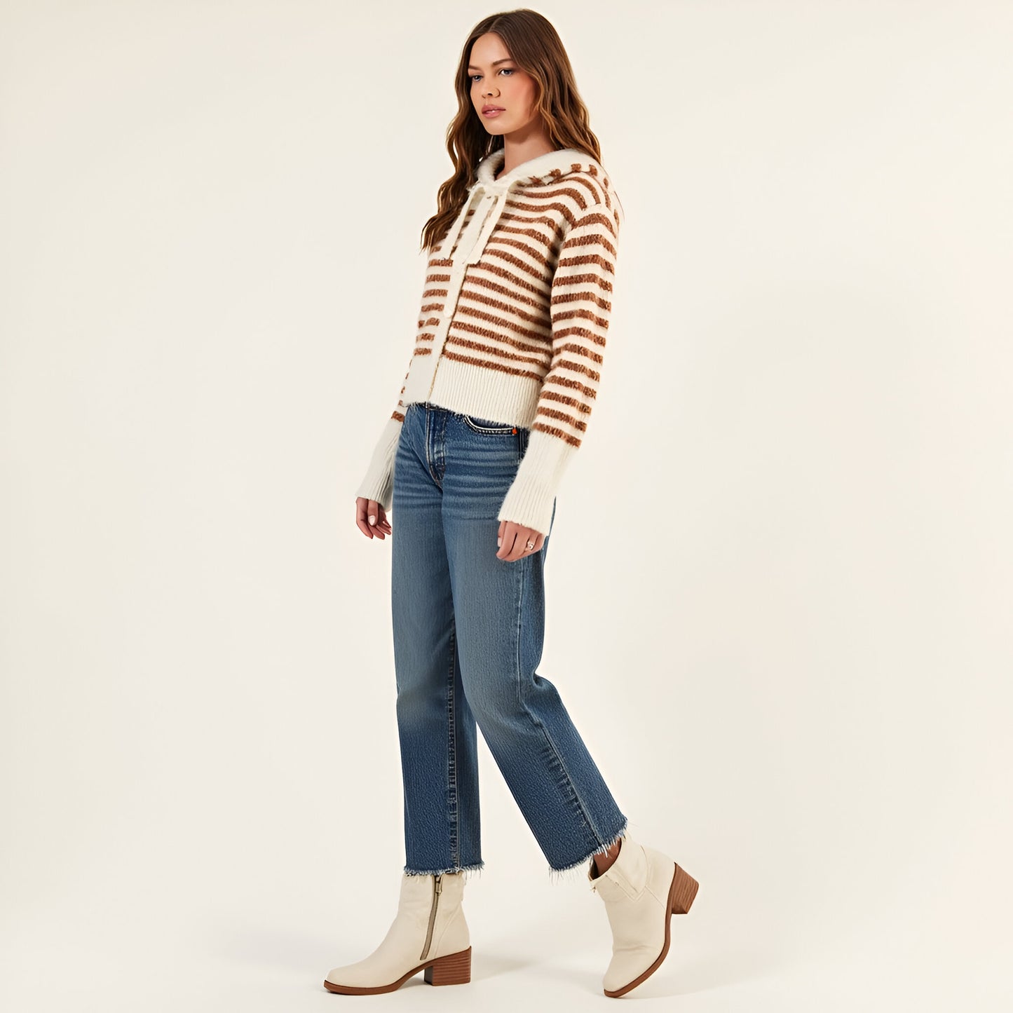 Striped Button-Up Cardigan Hoodie with Ribbon Tie and Ribbed Hem
