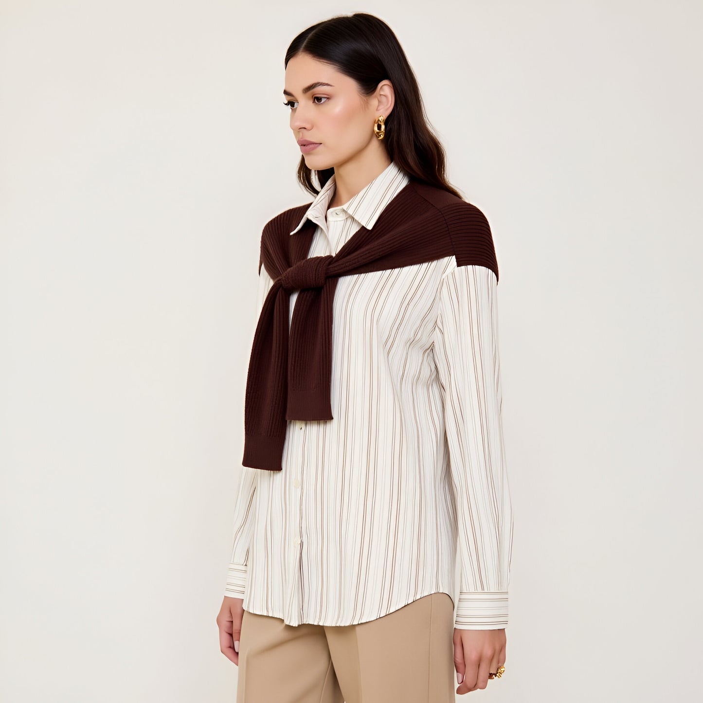 Striped Button-Up Twofer Shirt with Attached Sweater Detail