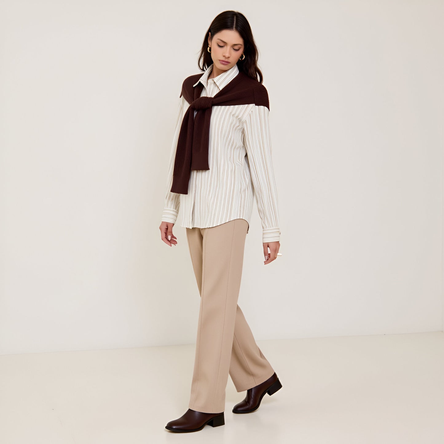 Striped Button-Up Twofer Shirt with Attached Sweater Detail