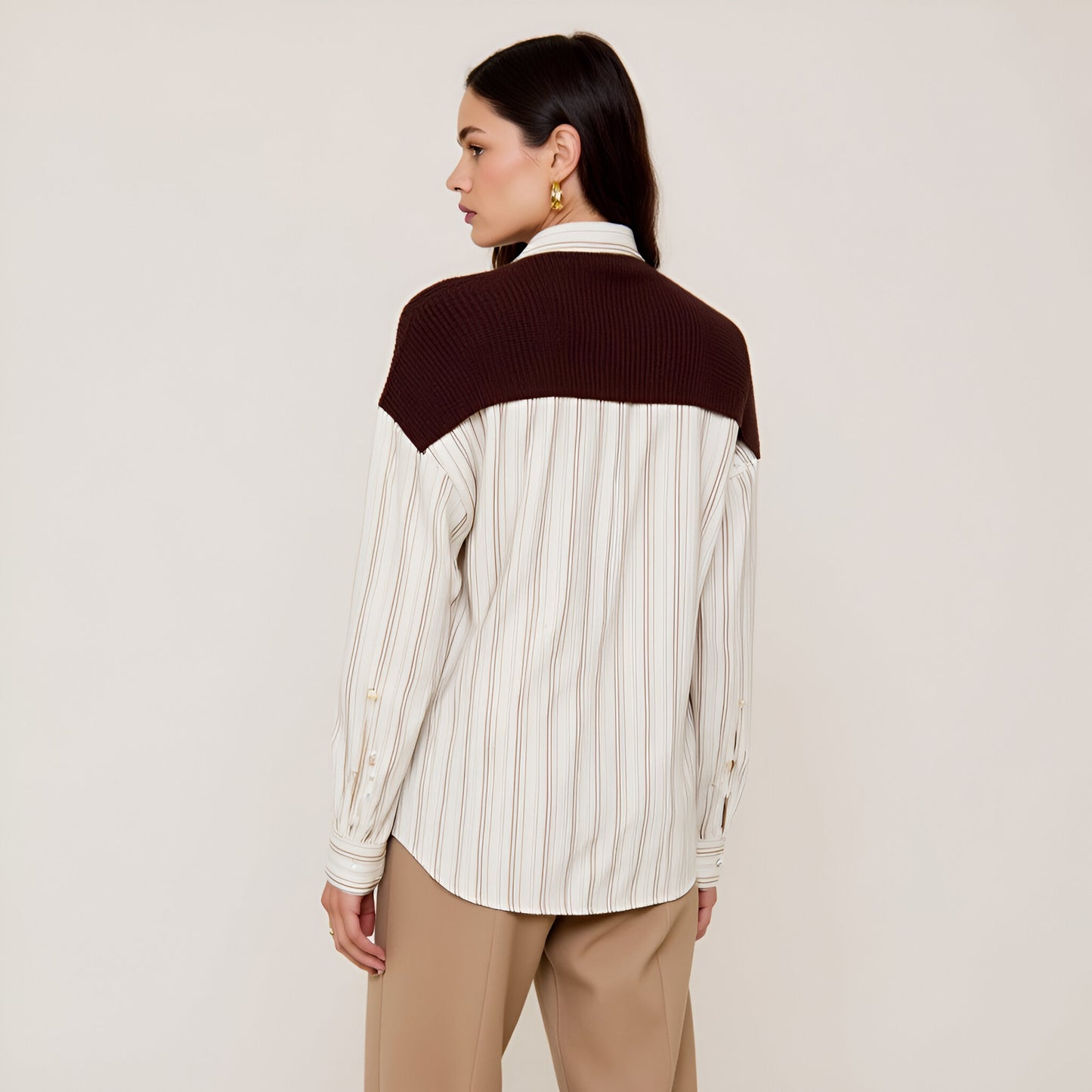 Striped Button-Up Twofer Shirt with Attached Sweater Detail