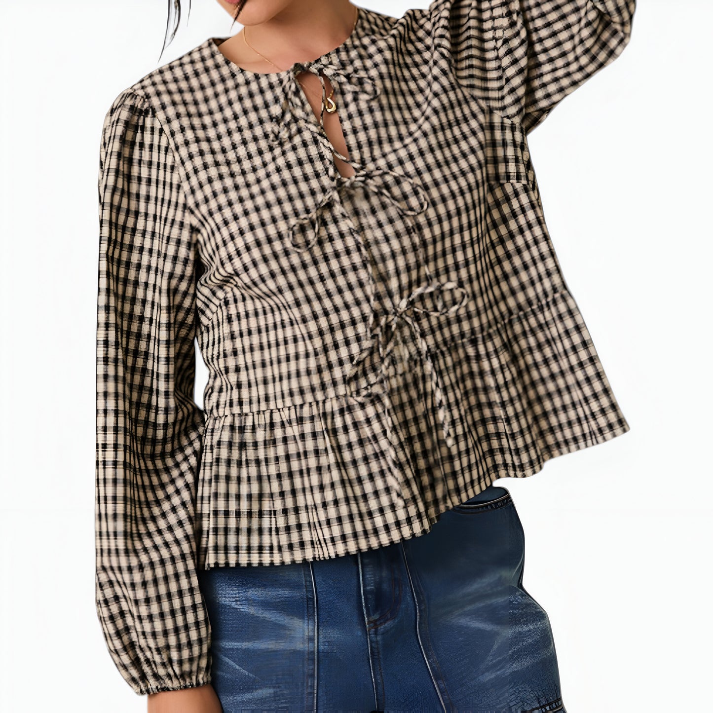 Gingham Long Sleeve Peplum Blouse with Front Ties and Ruffle Hem