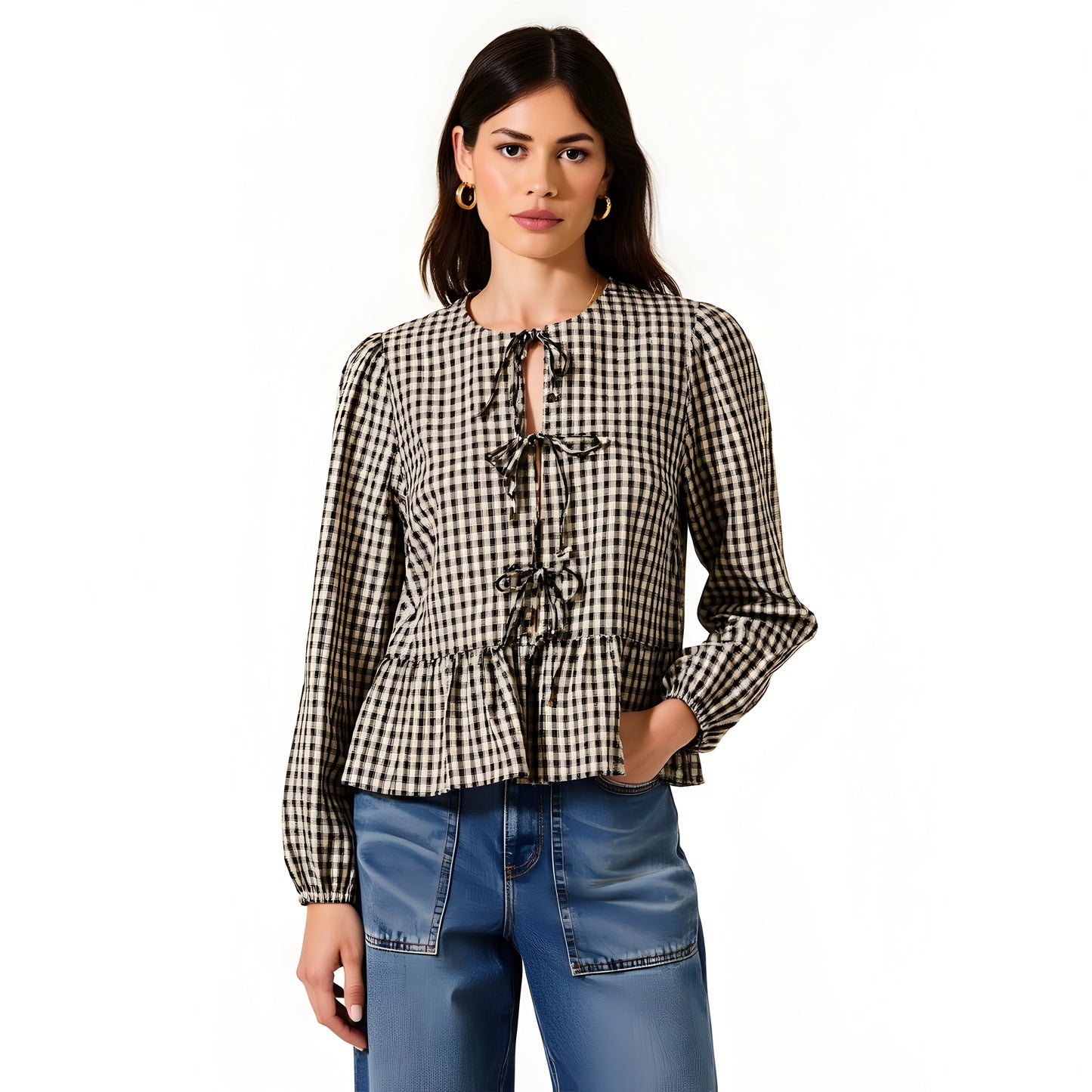 Gingham Long Sleeve Peplum Blouse with Front Ties and Ruffle Hem