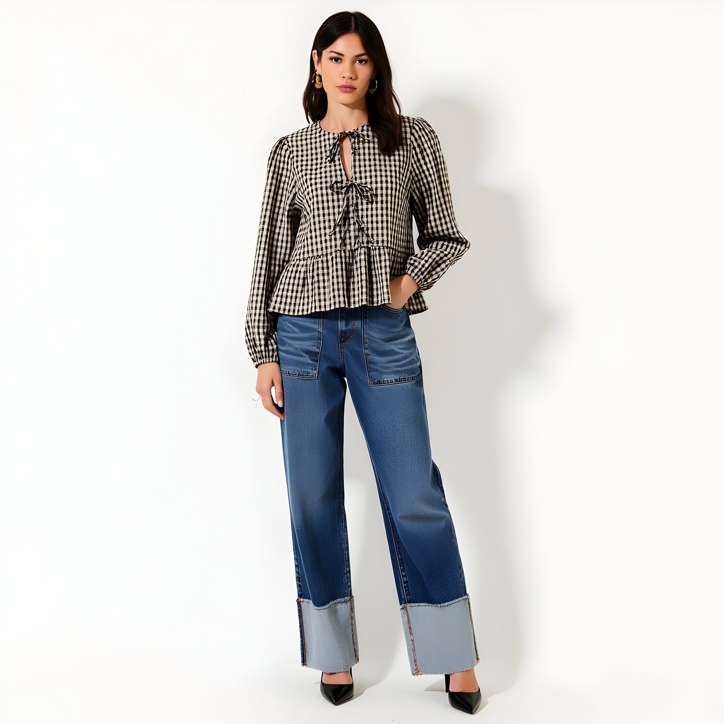 Gingham Long Sleeve Peplum Blouse with Front Ties and Ruffle Hem