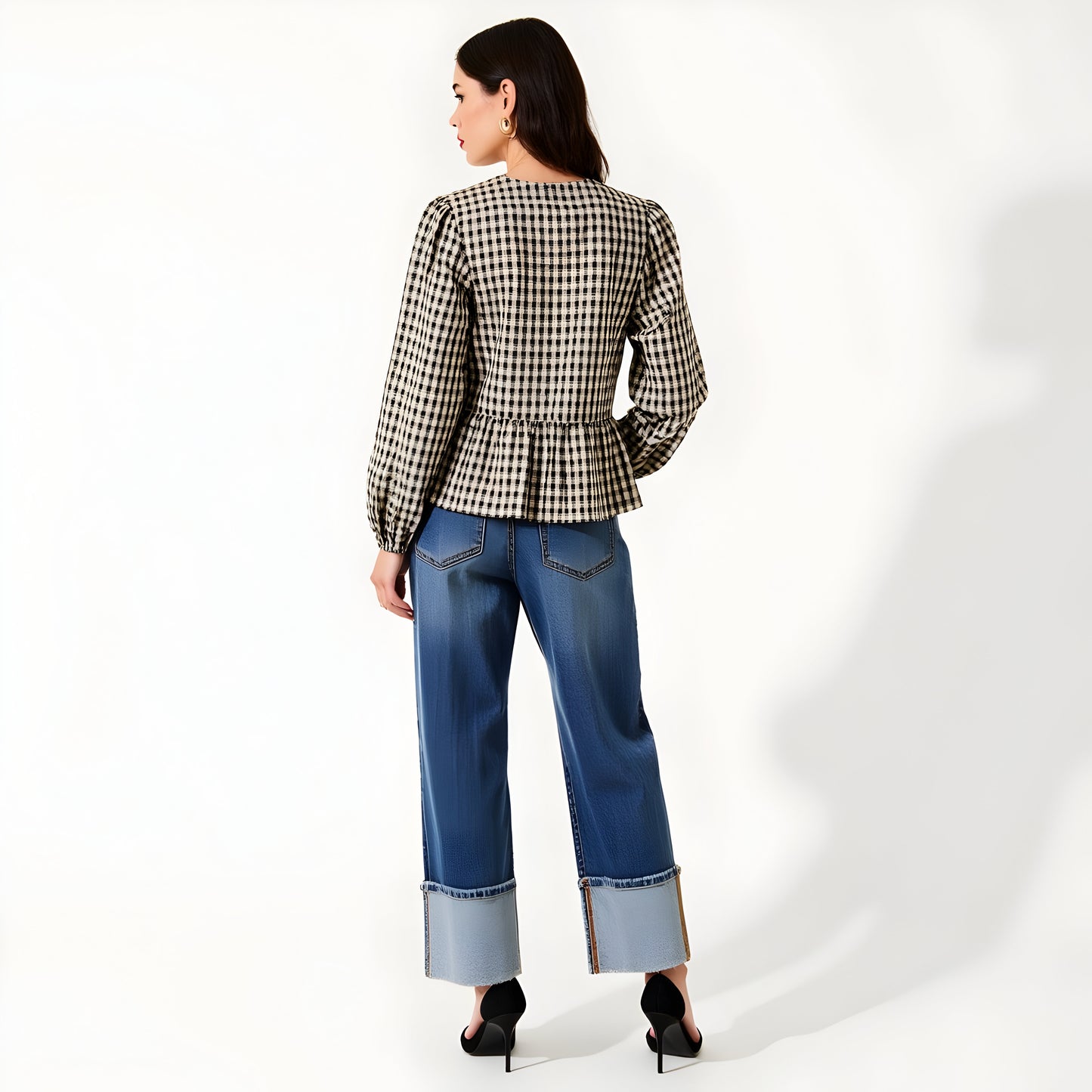 Gingham Long Sleeve Peplum Blouse with Front Ties and Ruffle Hem