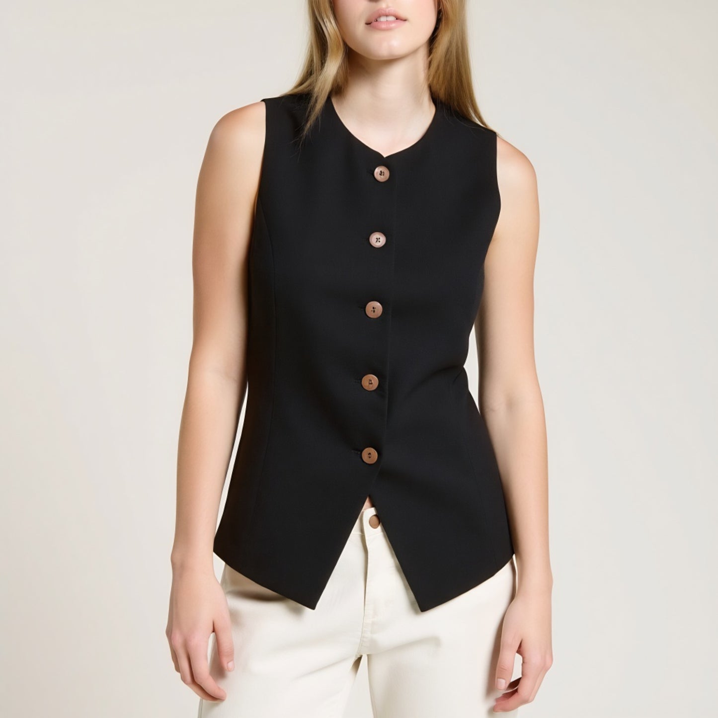 Sleeveless Button Front Vest with Asymmetrical Hem and Tailored Fit