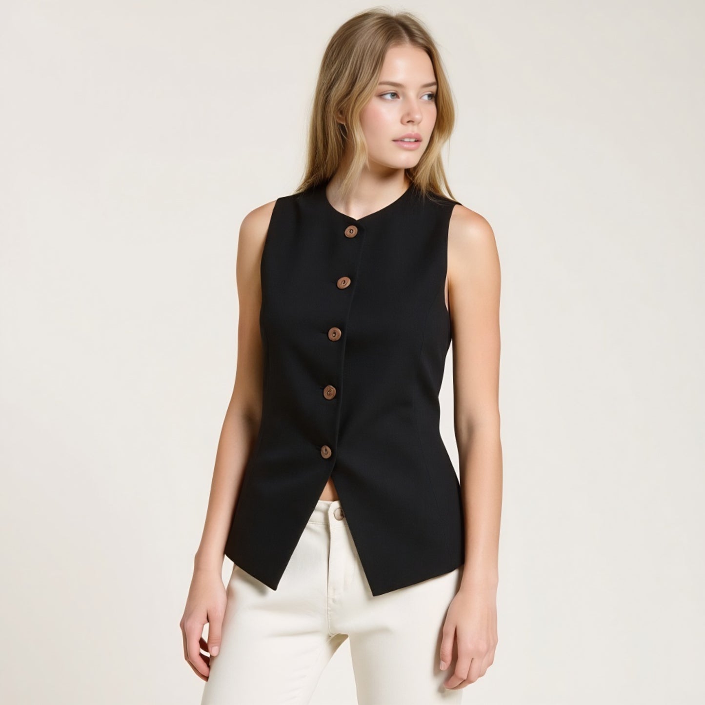 Sleeveless Button Front Vest with Asymmetrical Hem and Tailored Fit