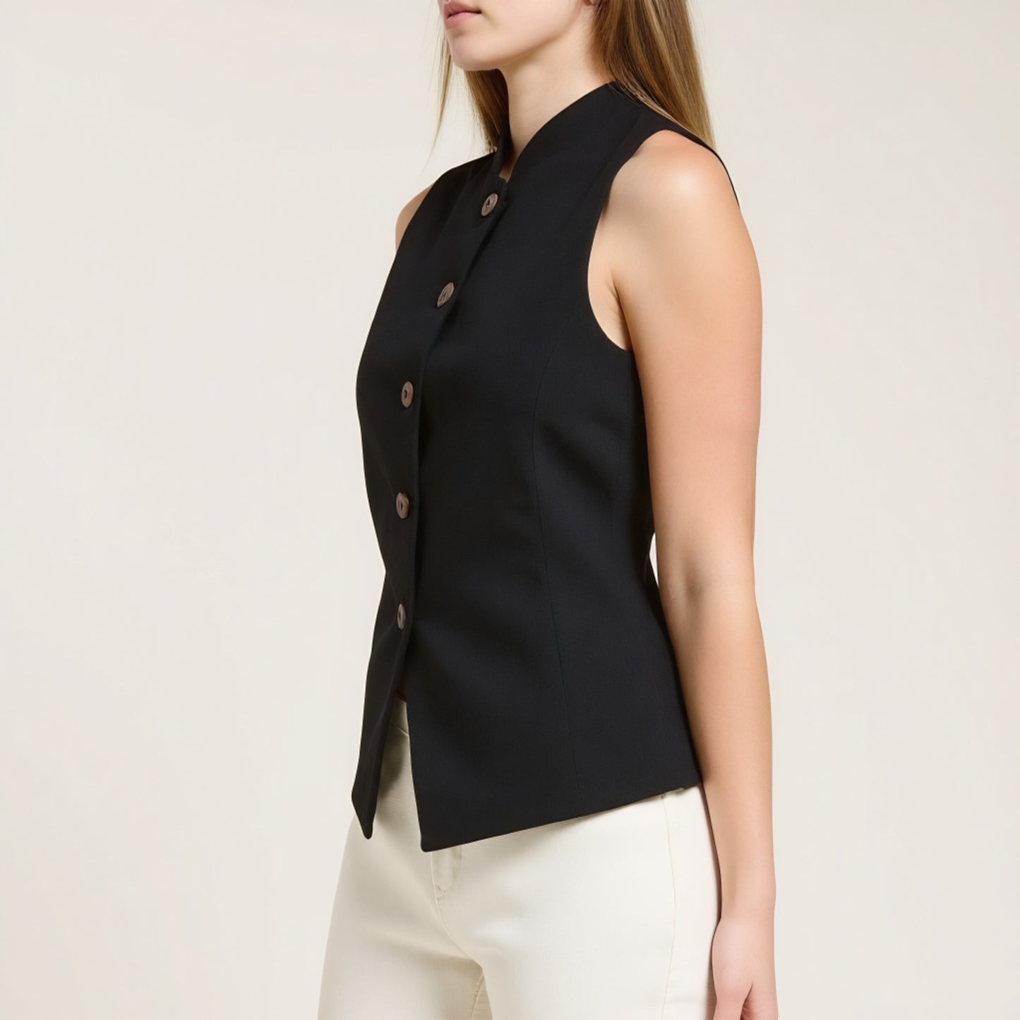 Sleeveless Button Front Vest with Asymmetrical Hem and Tailored Fit