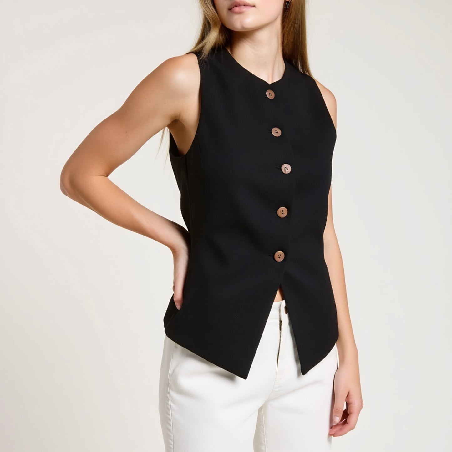 Sleeveless Button Front Vest with Asymmetrical Hem and Tailored Fit