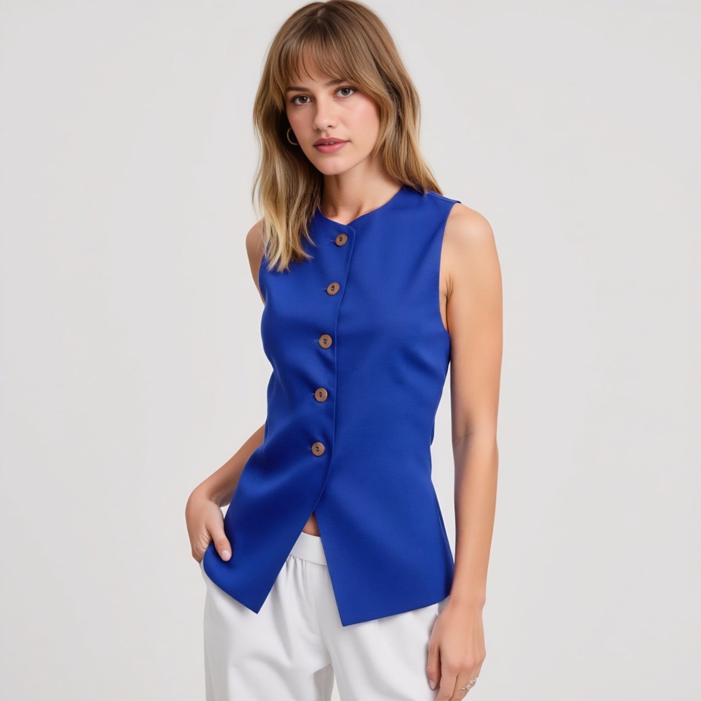 Sleeveless Button Front Vest with Asymmetrical Hem and Tailored Fit