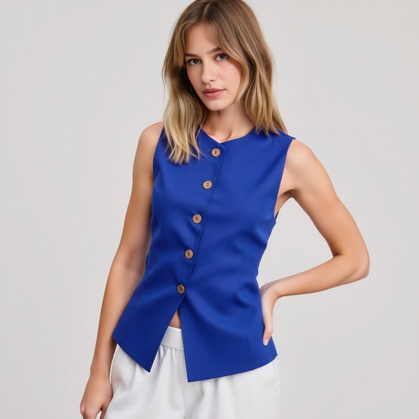 Sleeveless Button Front Vest with Asymmetrical Hem and Tailored Fit