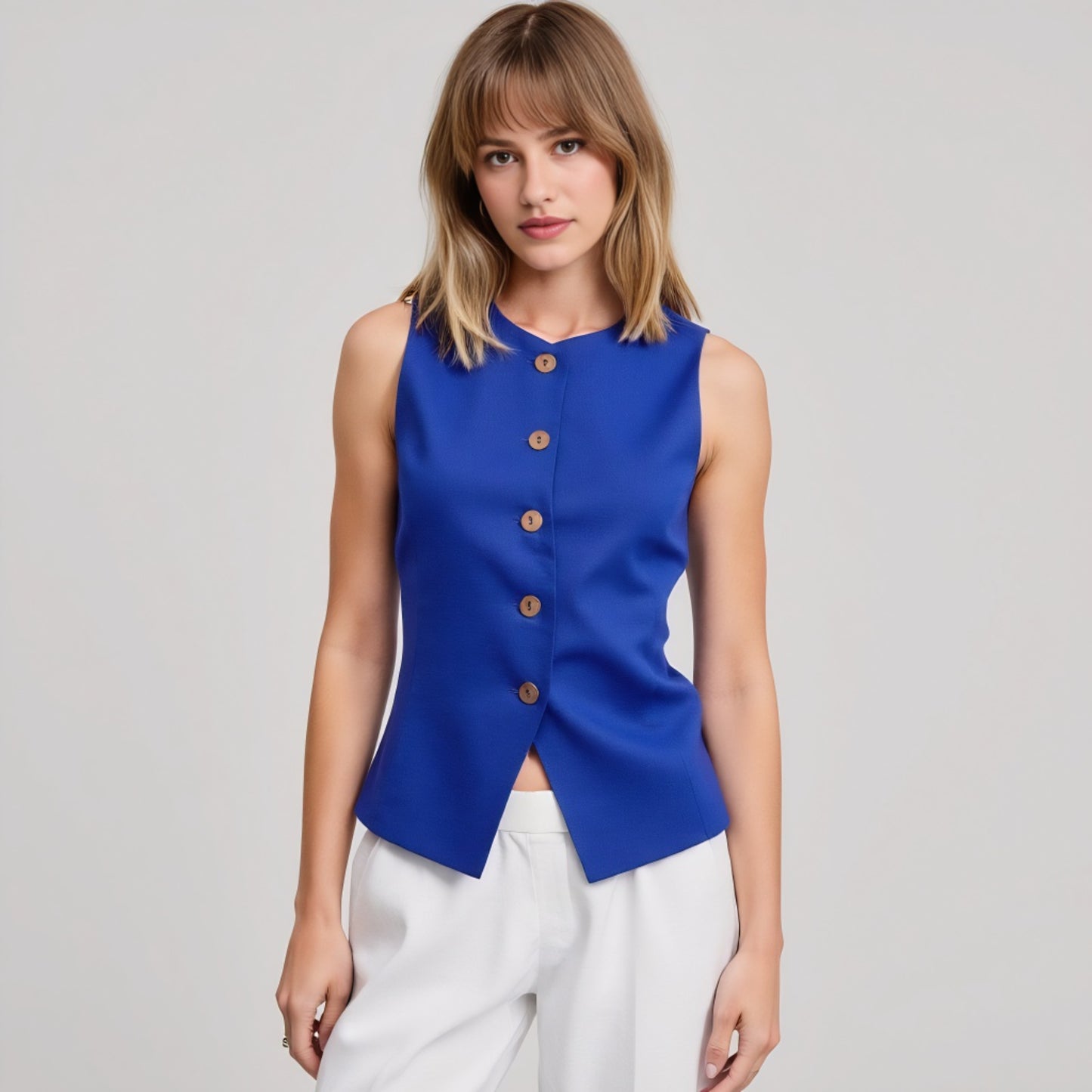 Sleeveless Button Front Vest with Asymmetrical Hem and Tailored Fit