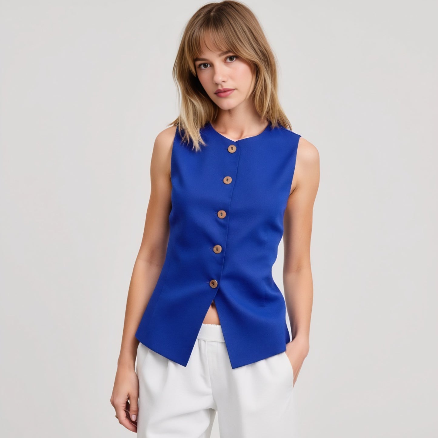 Sleeveless Button Front Vest with Asymmetrical Hem and Tailored Fit