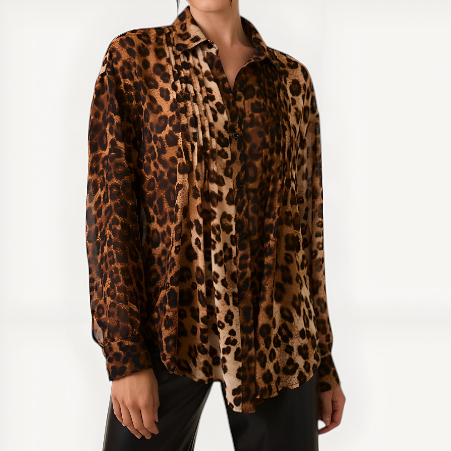 Leopard Print Button-Up Blouse with Pleated Front and Classic Point Collar