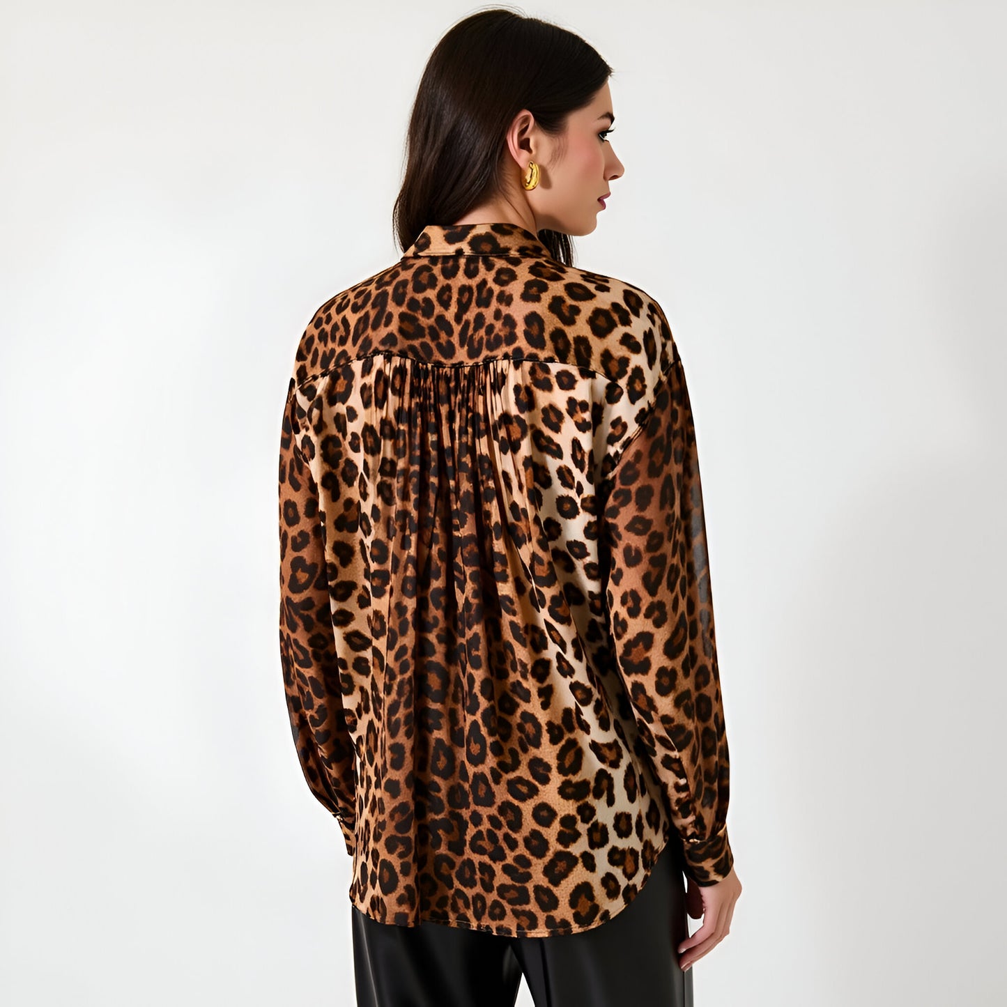 Leopard Print Button-Up Blouse with Pleated Front and Classic Point Collar